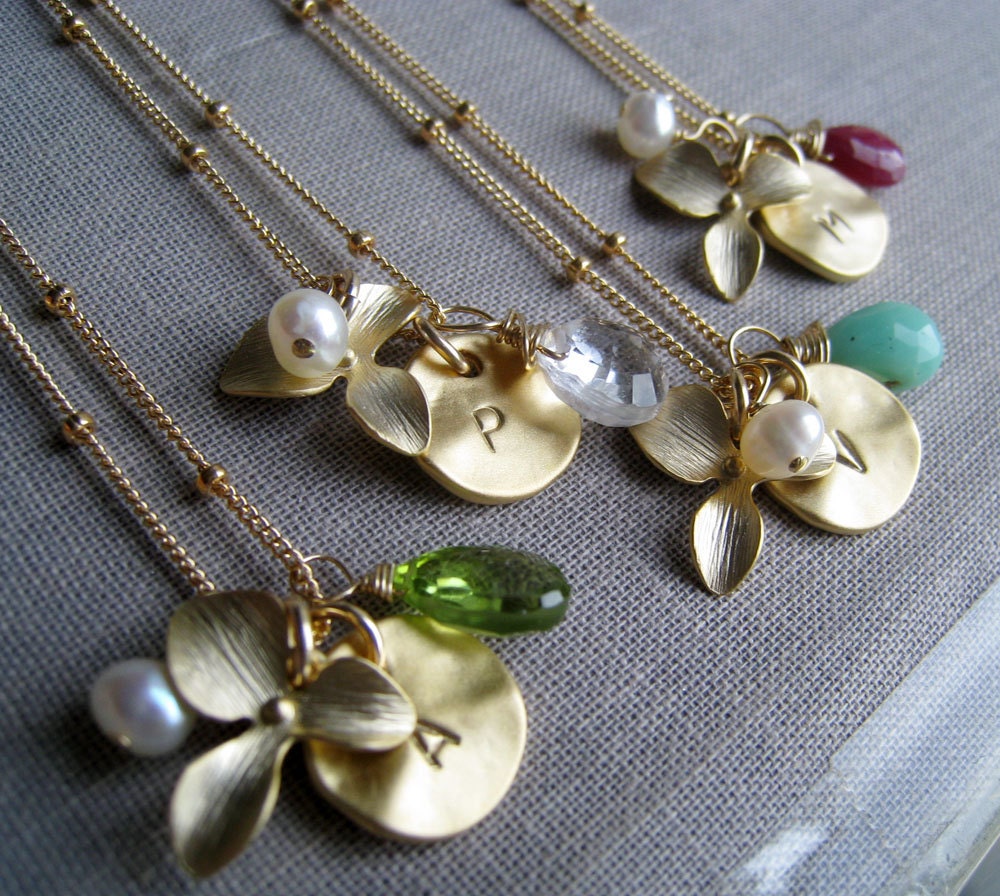 Personalized Bridesmaid gift, set of 4 initial orchid necklaces, satellite chain, wedding party jewelry