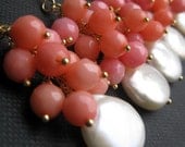 Coin Pearl and pink coral earrings, Salmon pink corals, spring jewelry, freshwater pearls, flower girl gifts
