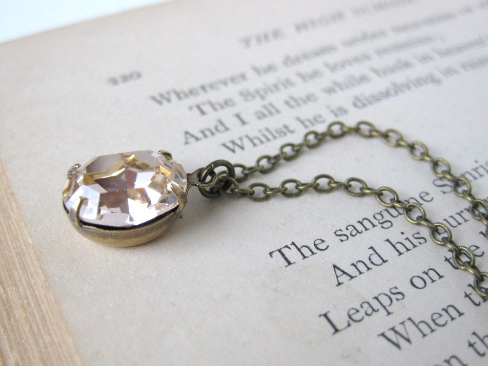Vintage Rhinestone Necklace Light Peach Swarovski Crystal Jewel Pendant Antiqued Brass