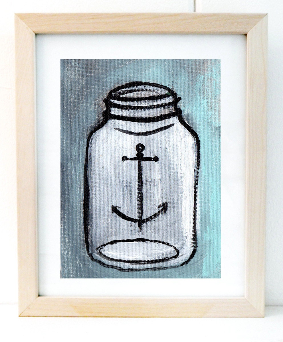 Light Blue Anchor Mason Jar Original Acrylic Painting 4x6in
