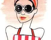 Red and White Vintage Swimmer with Sunglasses 4x6in Print