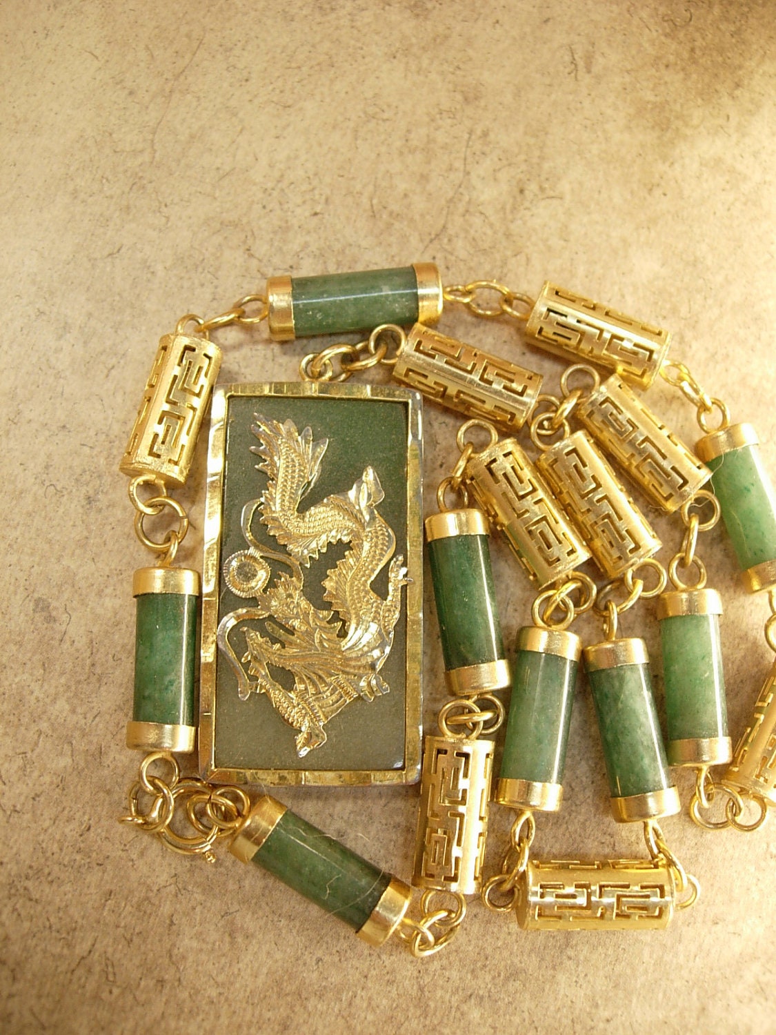 Reserved for MIC Vintage Jade Dragon Necklace chinese links and writing pendant