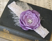 Eldrida - Purple Chiffon and Satin Fabric Flower with Feathers on a Cream Garter or Headband