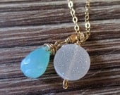 Natural Off White Druzy Round Coin Crystal CHALCEDONY Teardrop Briolette 14K Gold Filled Necklace . . . Free Shipping.... BadkittyHawaii