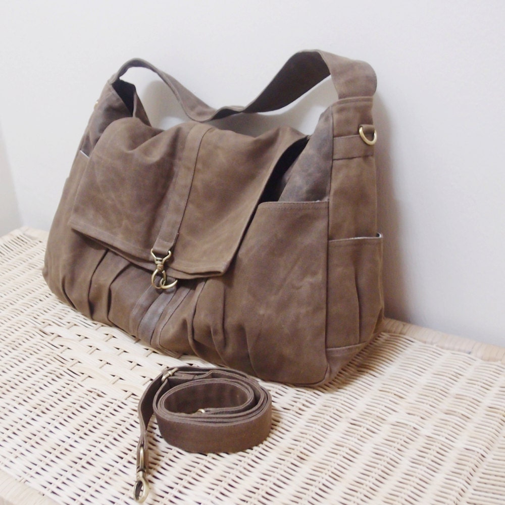 MAY Sale - Brown Waxed Canvas Women Shoulder Bag, Messenger bag, Tote, Hobo, Diapers Bag, School Bag, Handbag - KINIES CLASSIC