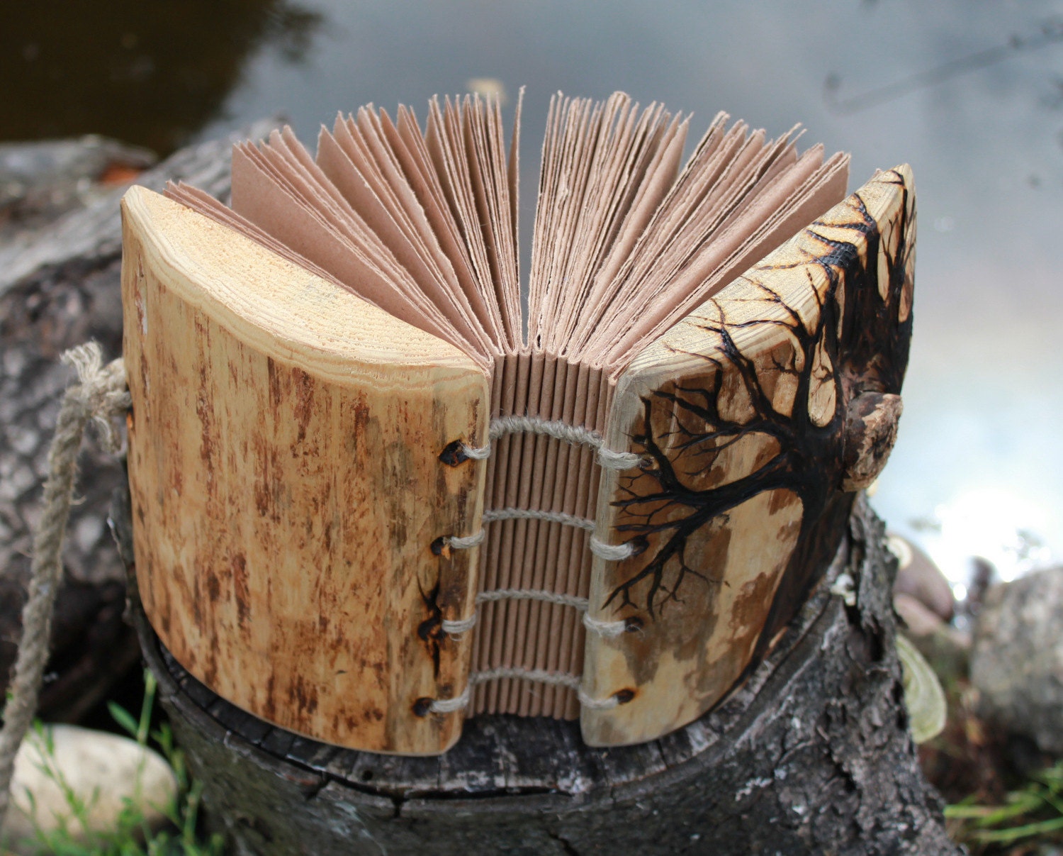 Coptic stich rustic wood journal 7 1/2 x 6 Tree of Life