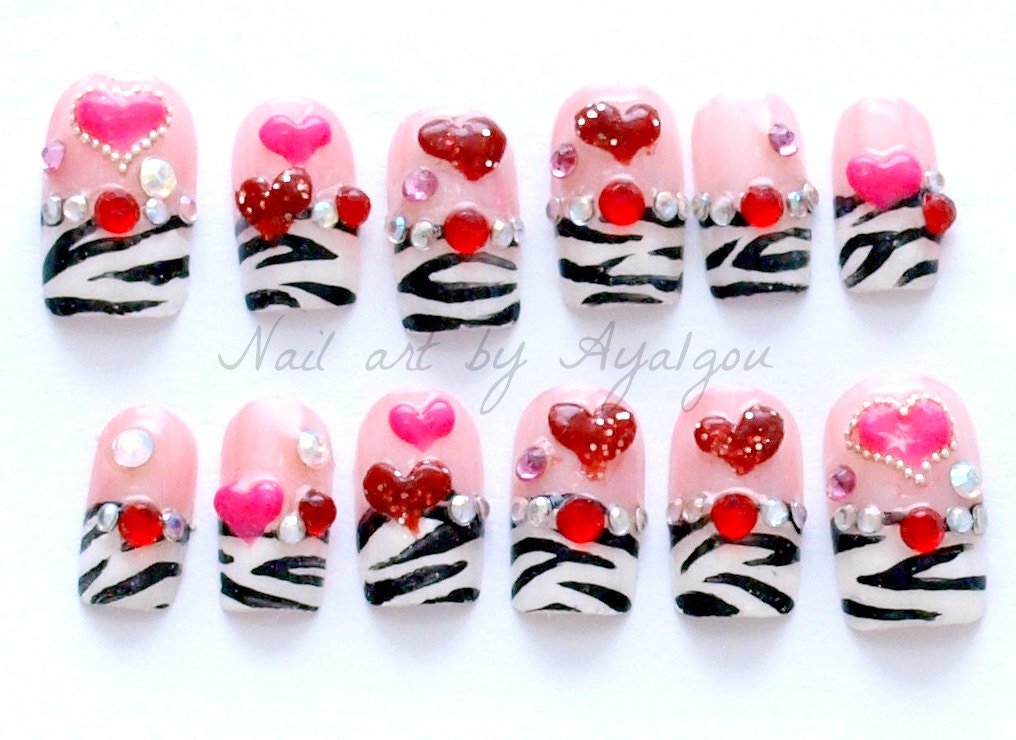 Japanese 3D fake nails, zebra printed french tips with 3D hearts and gems