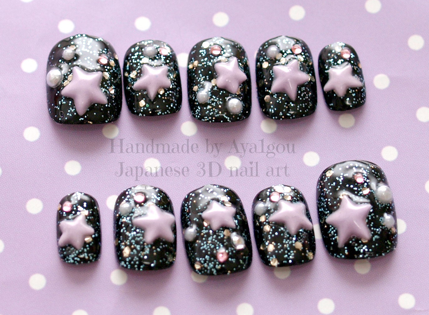 Kawaii nails, Japanese 3D nails, galaxy, stars, black, fairy kei, lolita, gothic, fake nails