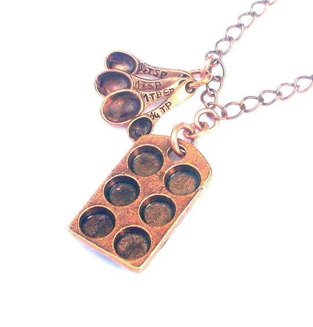Baking necklace, bakers necklace, mini muffin pan, measuring spoons, antiqued copper