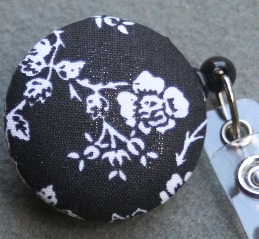 Name badge fabric covered badge reels black and white   LARGE