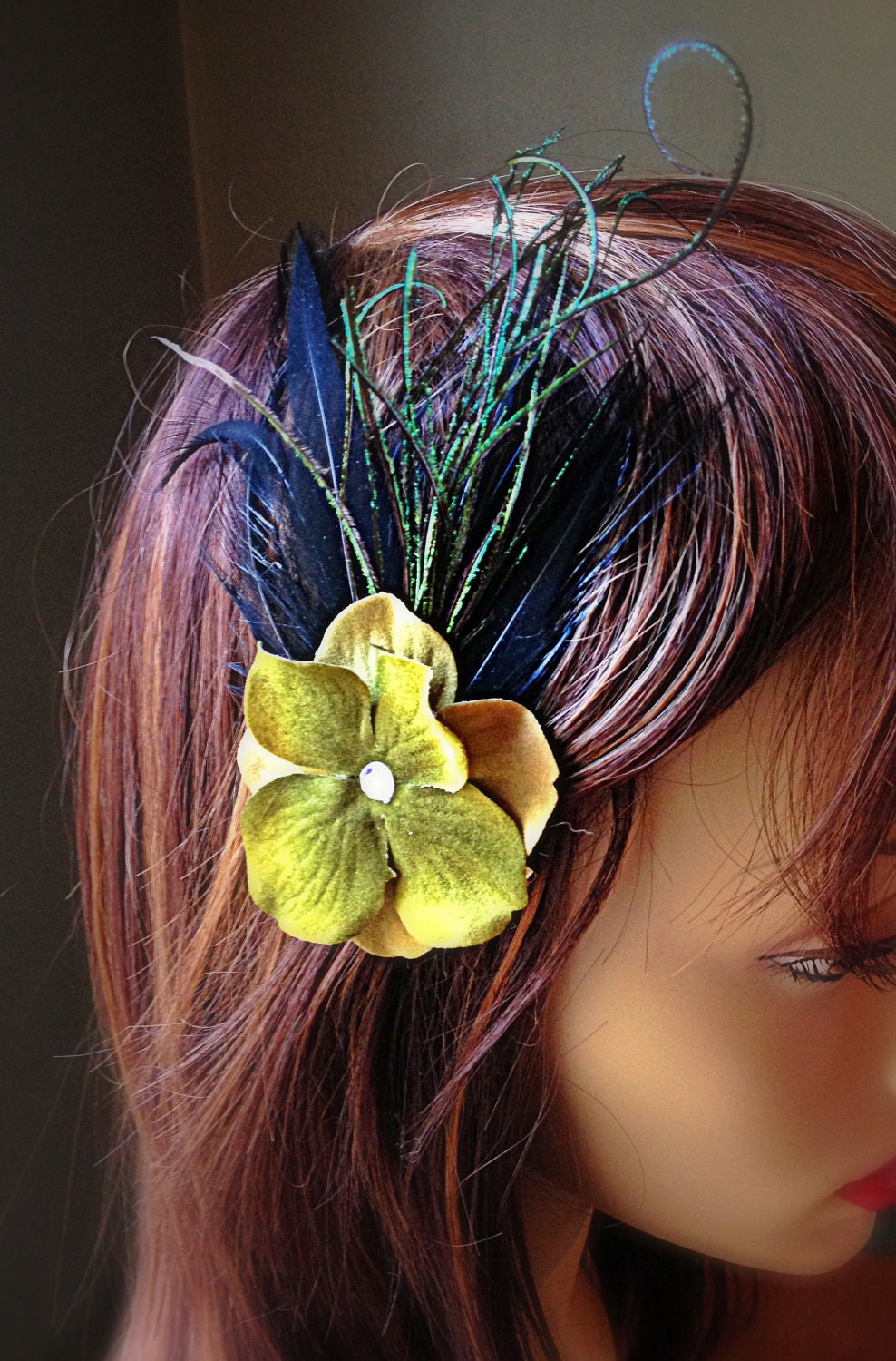 Apollonia Green Flower and Feather Hair Fascinator
