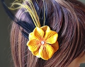 Aurora Yellow Flower and Feather Hair Fascinator with Rhinestone
