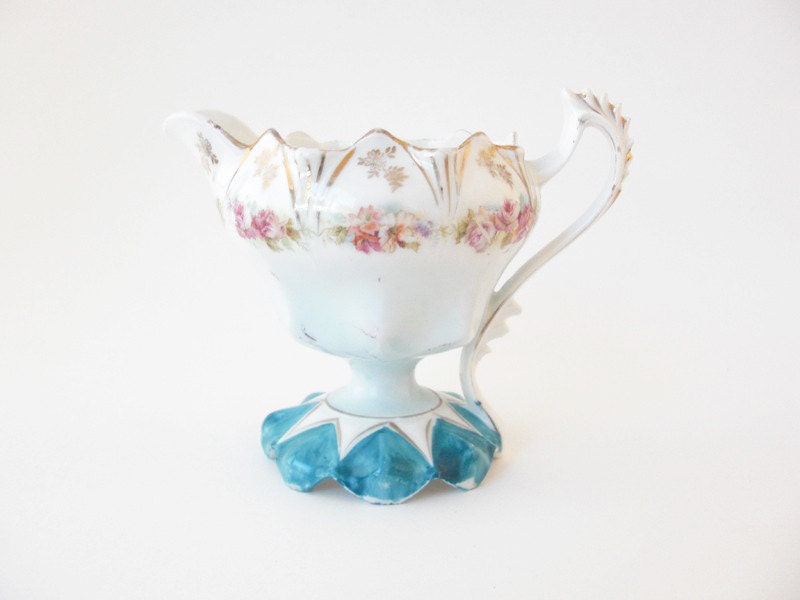 Vintage SHABBY CHIC Pitcher - White Creamer - Aqua Pink Cottage Decor