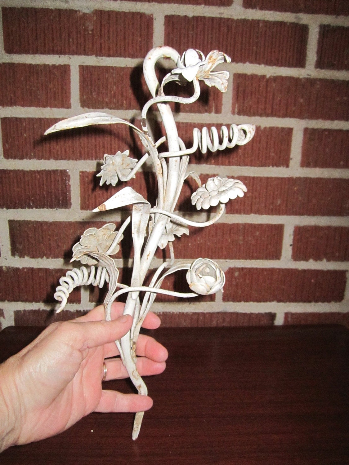 Vintage 1920s/30s Heavy Metal Italian Tole White Floral Bouquet for Assemblage