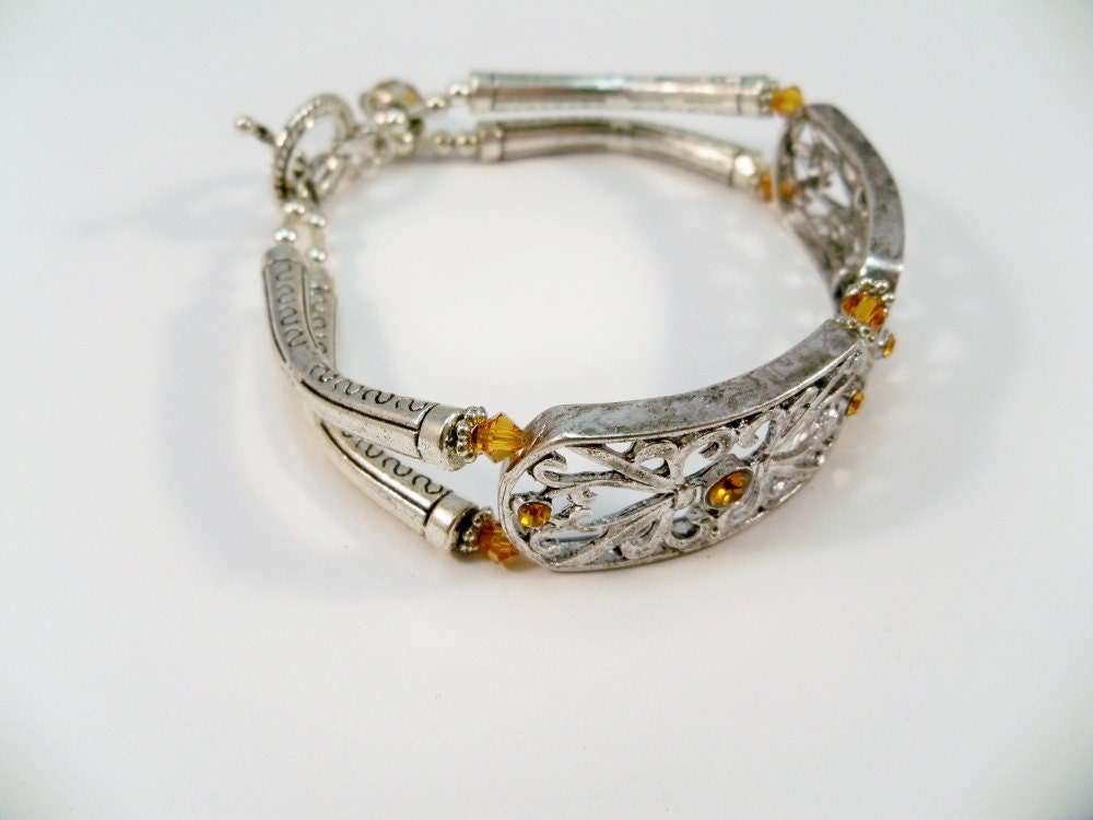 Double Strand Bracelet, Silver Bracelet, Beaded Bracelet, Amber Crystal Bracelet, Birthstone Jewelry, Fashion Jewelry