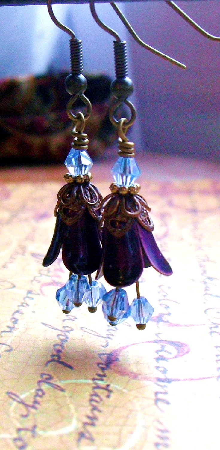 Purple Enameled Flower Earrings , Purple Bell Blossom, Sky Blue Swarovski Crystal Beads, Vintaj Antiqued Brass,