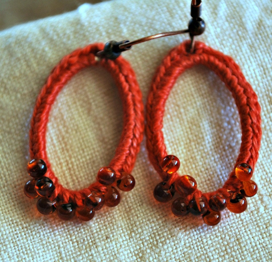 Beaded Oval Crochet Earrings So Chic. Dark Coral and Amber. Lightweight Jewelry