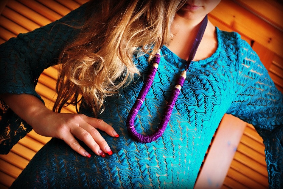 Long Purple Crochet Necklace with Handmade Beads