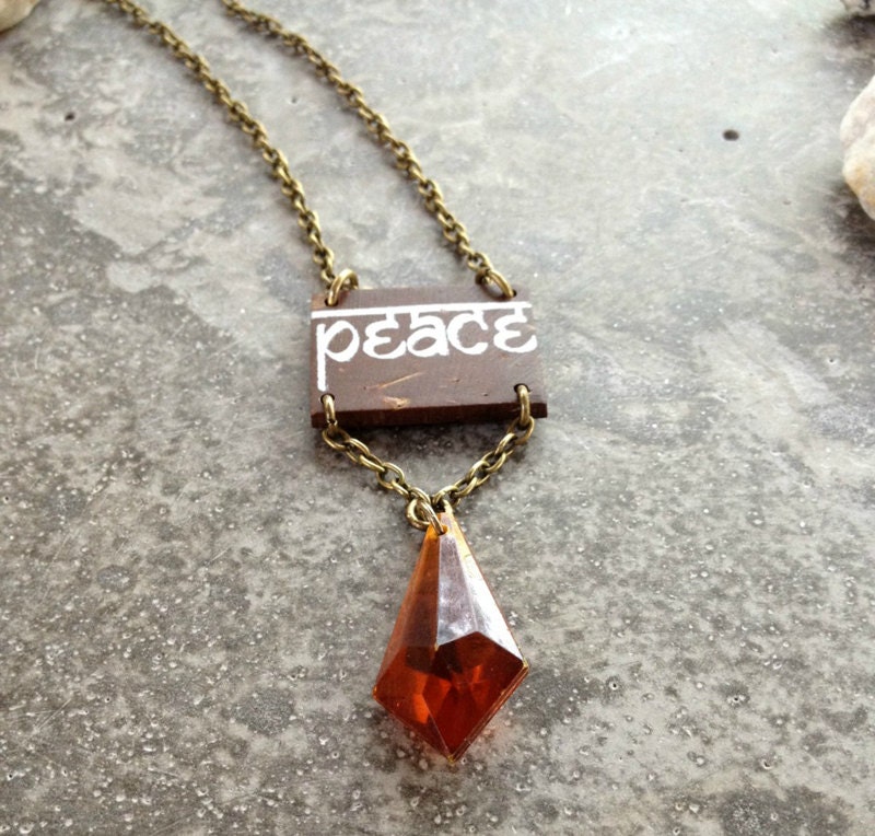Sale - PEACE II - handpainted coco shell, vintage German bead, brass chain necklace