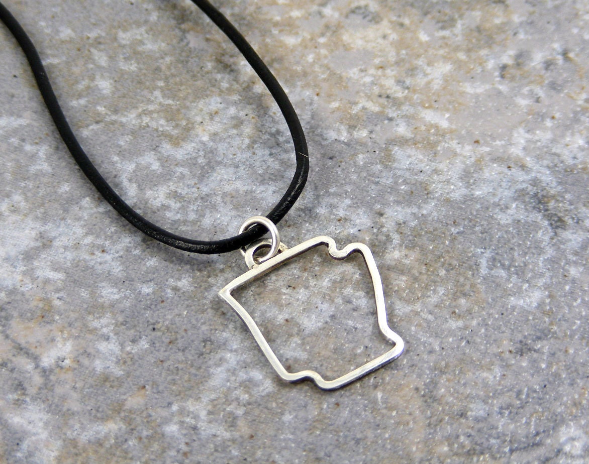 Sterling Silver, Charm on Leather Necklace, Arkansas, Outline, Handmade, Personalized, State, Texas, Oklahoma, Nebraska