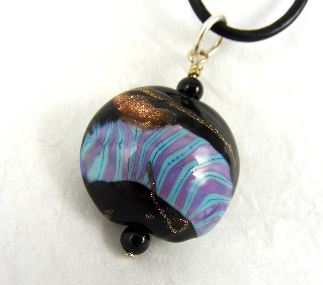 Lampwork Glass Pendant Necklace, Blue, Onyx, Purple, Goldstone, Swirl, Sterling Silver, Leather cord, Wedding, Anniversary, Birthday Gift