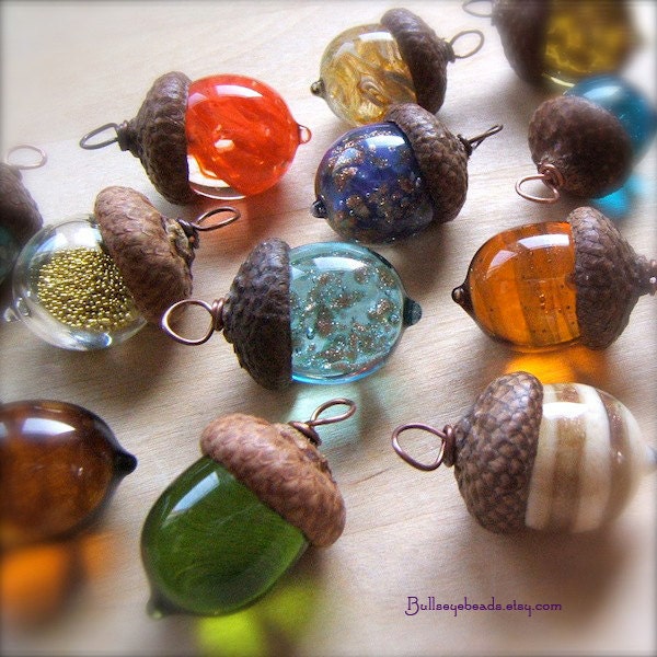 Glass Autumn Acorn Earrings Topaz with Encased Copper Leaves by Bullseyebeads