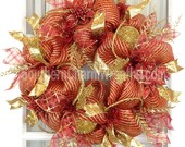 Mesh Christmas Wreath Red Gold Holiday Decor Glitter Ribbon Wreath