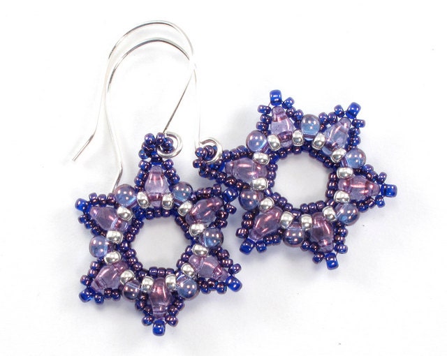 Dark Purple and Silver Snowflake Beaded Earrings