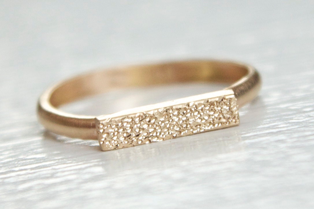 14k Gold Bar Ring - dainty modern band with pave finish