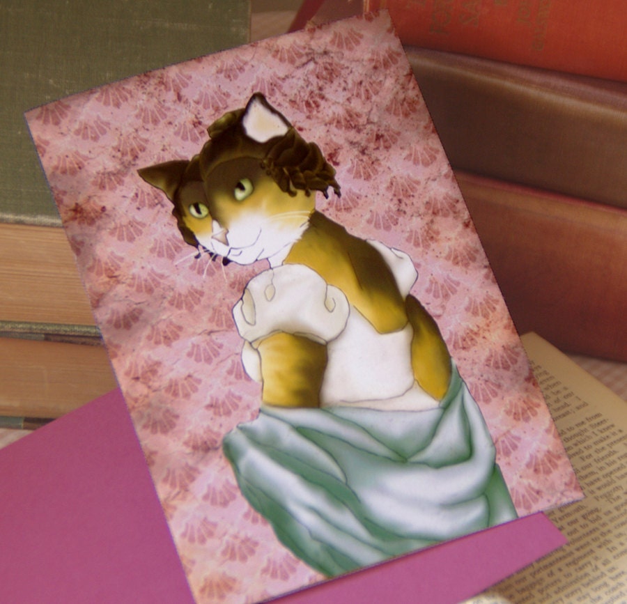 Lizzy Bennet Cat Greeting Card, Calico in Regency Dress, 5x7 Blank Card