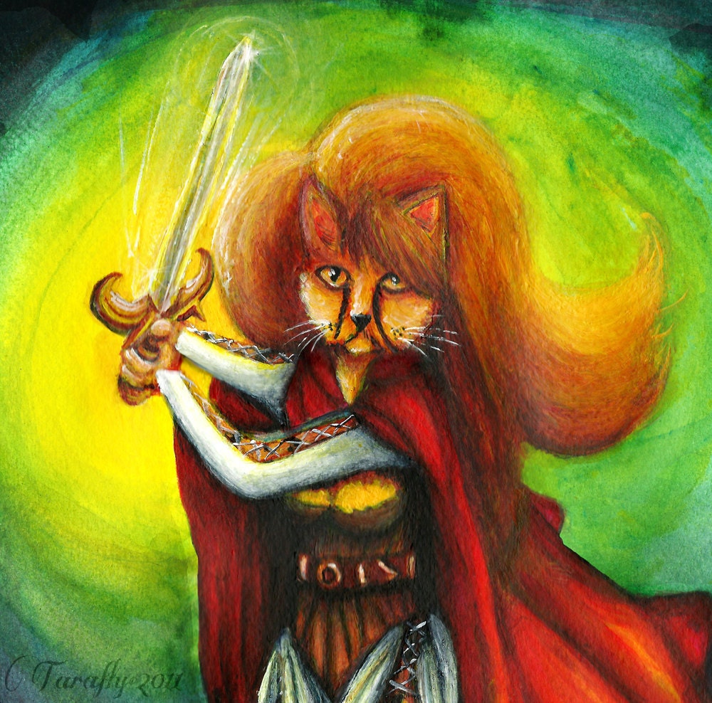 Cat Art, Fantasy Warrior Maiden Cat Woman Wielding Sword 8x10 Fine Art Print