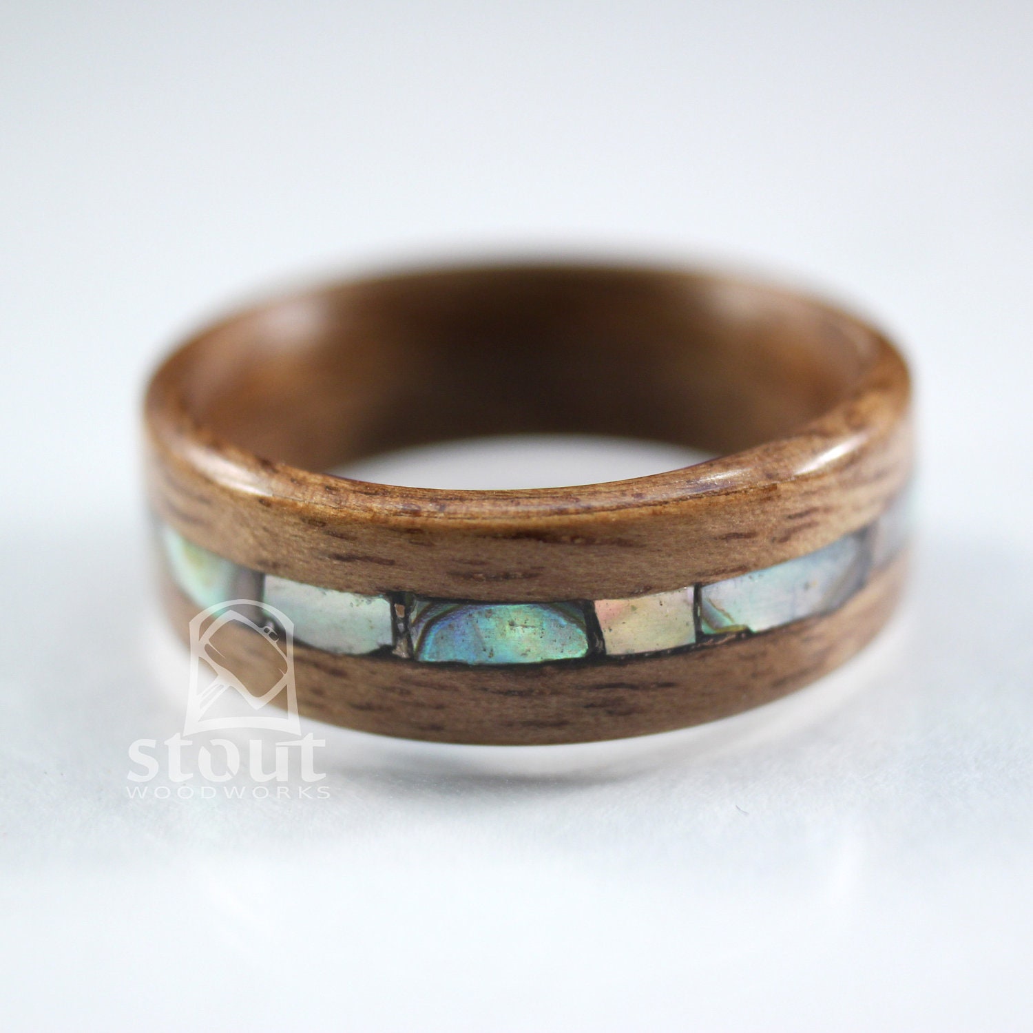 Size 8 - French Walnut with centered Paua Shell Inlay Bentwood Ring - Handcrafted Wooden Ring