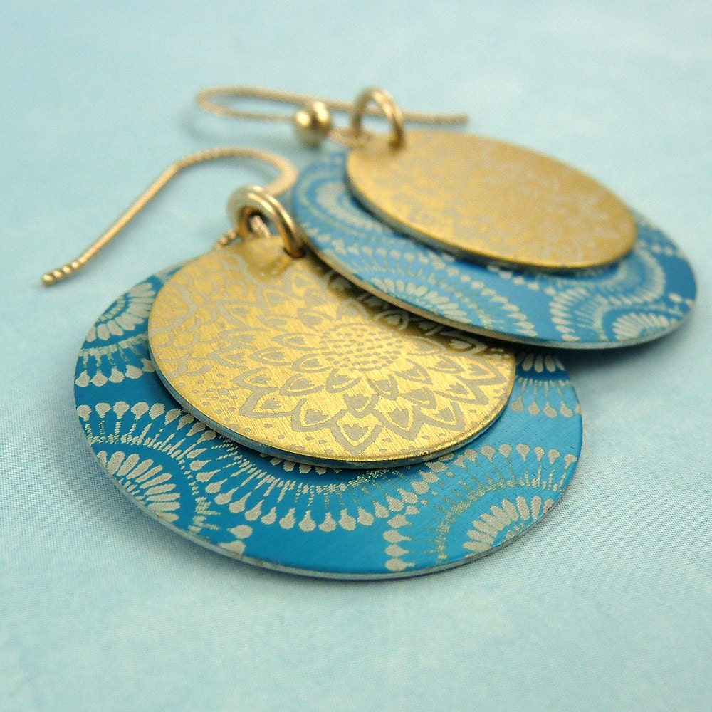 Gold And Turquoise, golden and turquoise aluminum discs, dahlias, dandelion puffs, gold filled ear wires