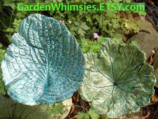 Cement leaf Indian Rhubarb & Hosta Birdbath/feeder set (garden treasures) - concrete cast live leaves (Set 1300) - RESERVED ITEM
