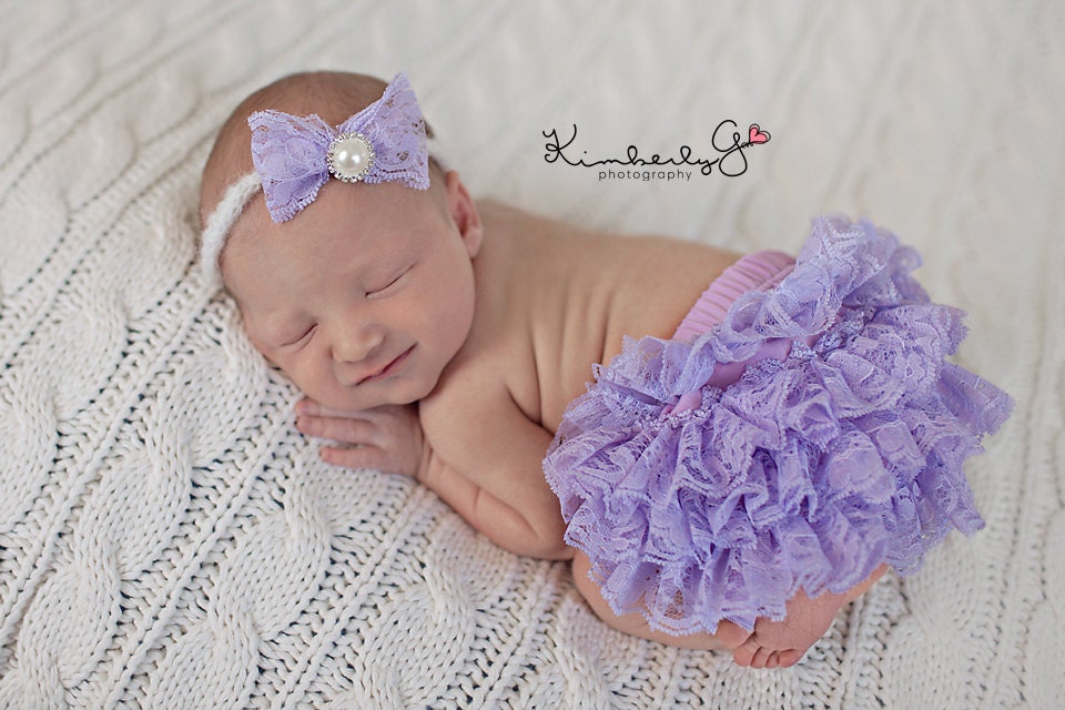 Purple Lace Diaper Cover Newborn Baby Photography Props with Matching Lace Headband in 0-3, Newborn Props, Bloomers, Girl Props