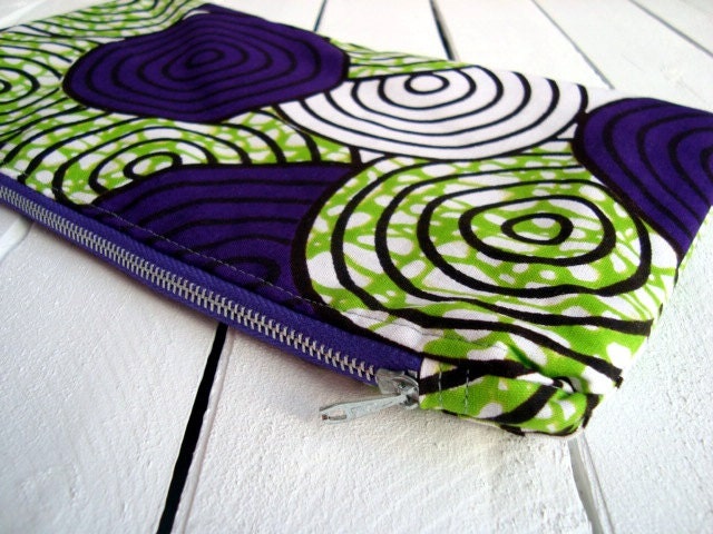Zippered pouch, make up, cosmetic purse. African wax print Purple and Green