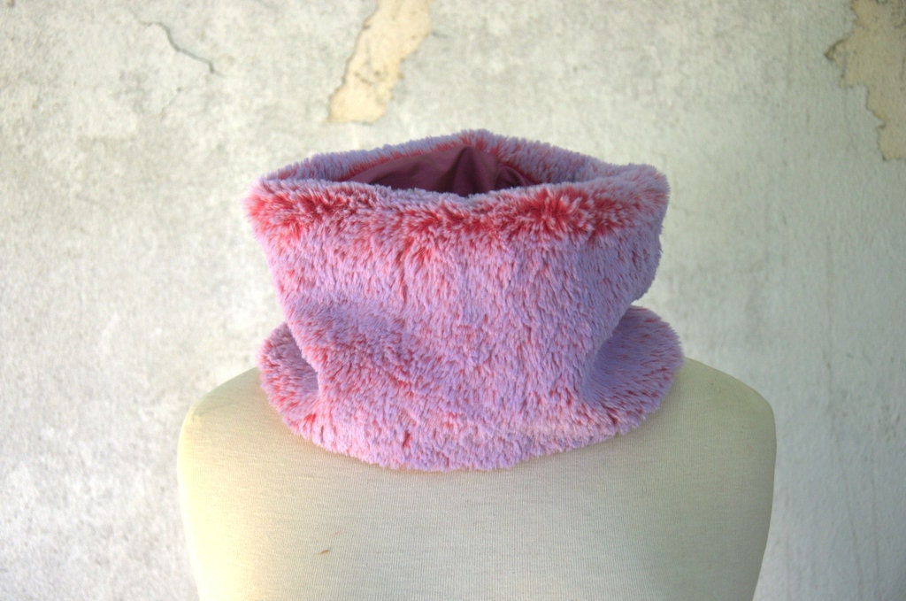 Faux Fur Pink Red Cowl, Fake Fur Neckwarmer
