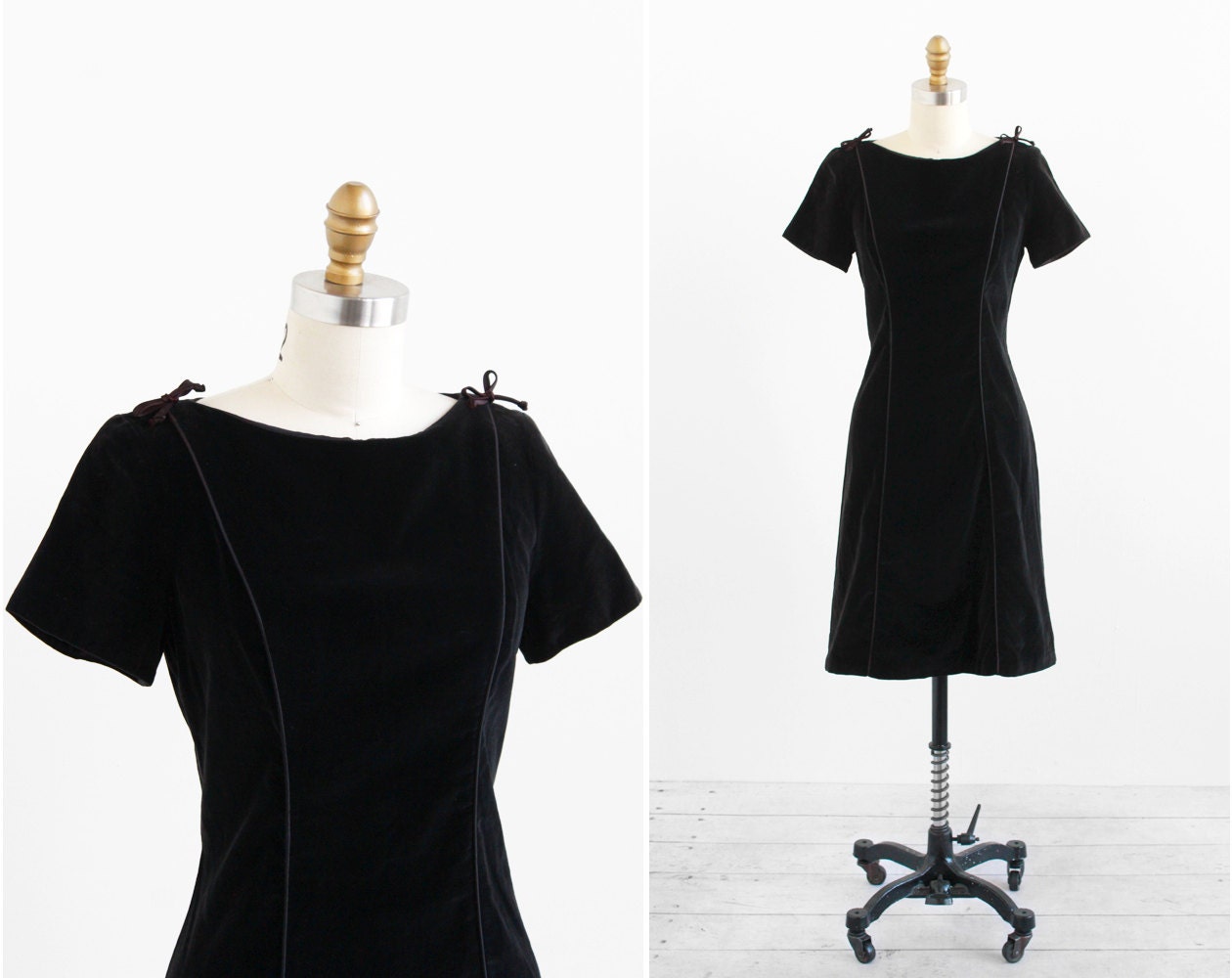 vintage 1960s dress / 60s dress / Black Velvet Mod Dress with Little Shoulder Bows