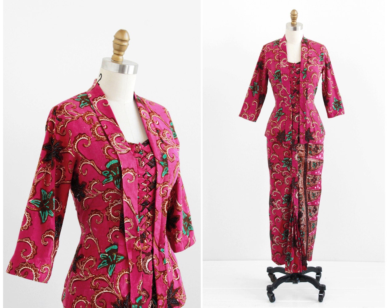 vintage 1940s dress set / 40s jacket & skirt / Raspberry and Turquoise Batik Print Jacket and Skirt Set
