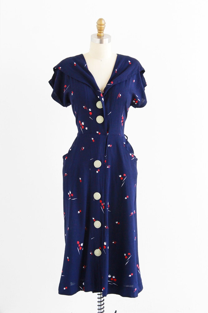 r e s e r v e d - vintage 1940s dress / 40s dress / Navy Blue, Red, and White Apostophe Novelty Print Swing Dress