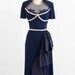 r e s e r v e d - vintage 1940s dress / 40s dress / Navy Blue Beaded Illusion Neckline Evening Dress with Hip Swag / custom designer couture