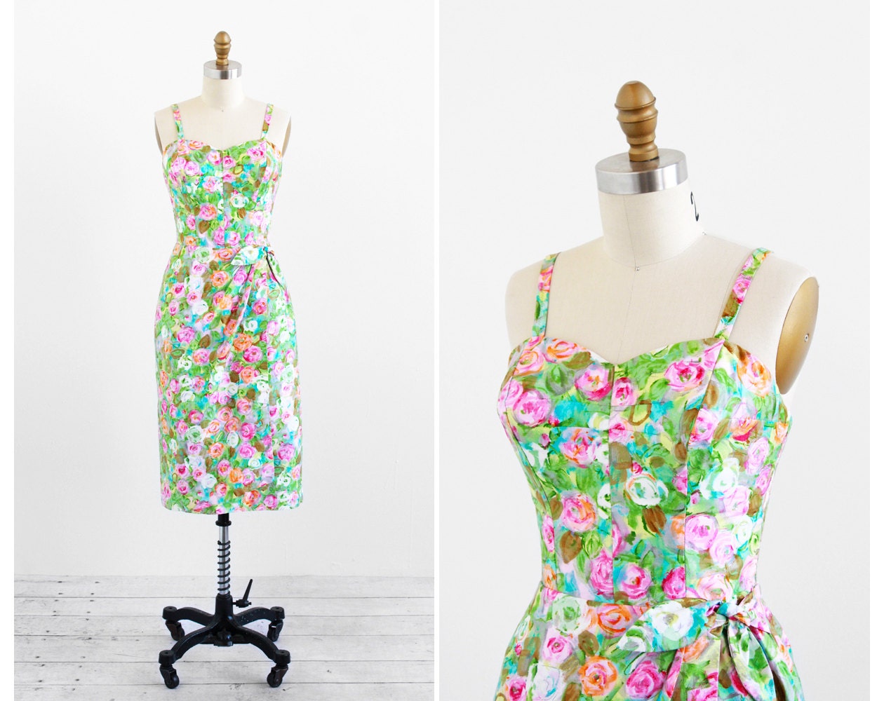 r e s e r v e d - vintage 1950s dress / 50s dress / Green and Pink Watercolor Floral Wiggle Dress by Alix of Miami