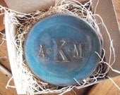 ring holder, ring dish, CUSTOM monogram, Blue Green Glaze, handmade pottery,  Men, Women Gift Boxed,
