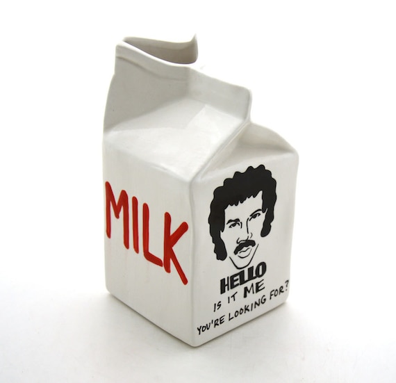 Hello is it Me Lionel Richie ceramic milk carton pitcher