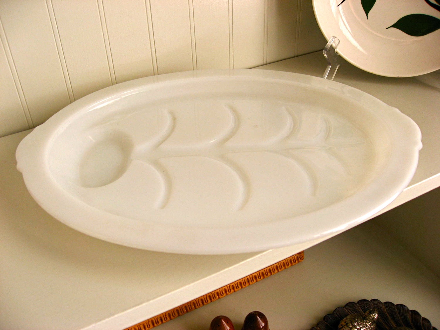 Vintage White FireKing Oven Proof Platter - Oval Tree Design with Juice Reservoir