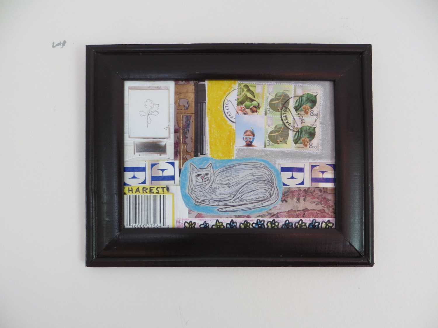 Outsider Folk Art Mixed Media Cat Collage