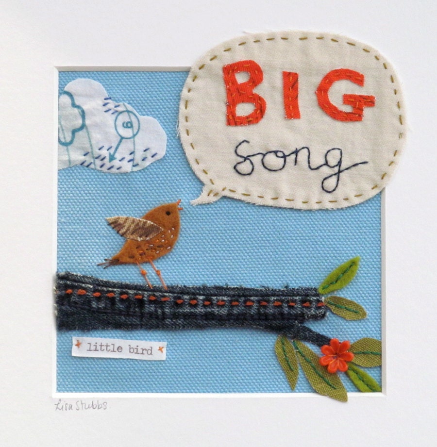 little bird BIG SONG original fabric art collage