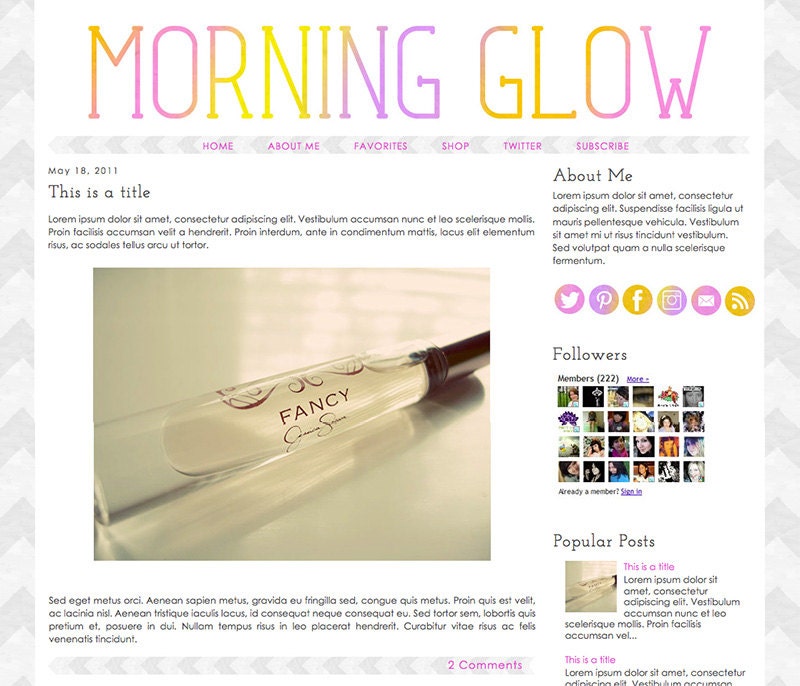 Blogger Premade Template: Morning Glow gray, chervon, pink, purple, rainbow, colorful, social media, icons, minimalist, blogspot