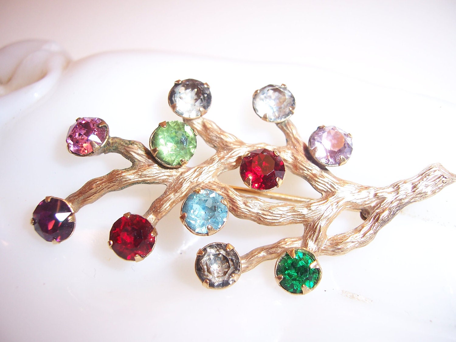 Vintage 12kt Gold Fill Van Dell Colored Rhinestone Branch Brooch Pin