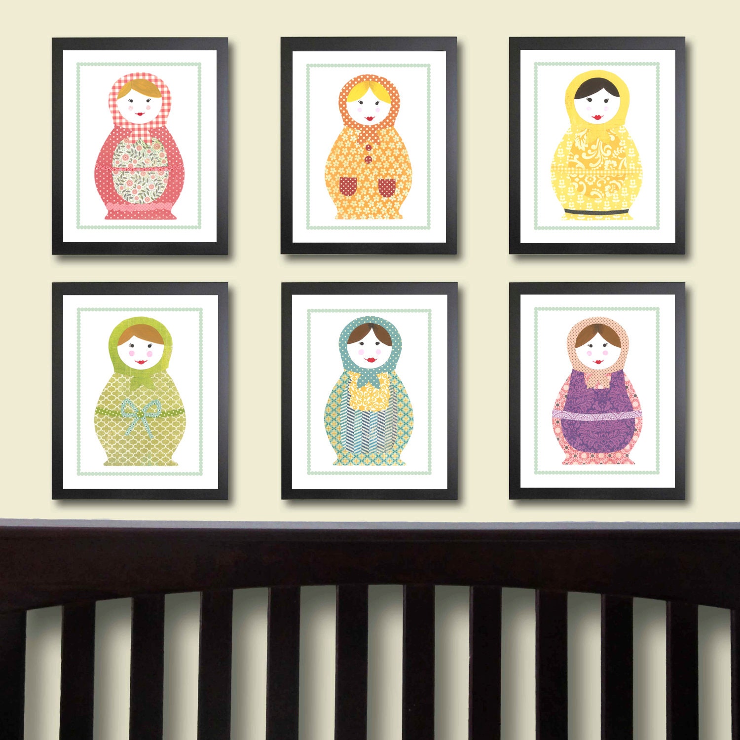 Baby Girl Nursery Art, Doll Nursery Art Prints, Kids Wall Art, Set of 6 Prints 8 x 10, Matryoshka Doll Art